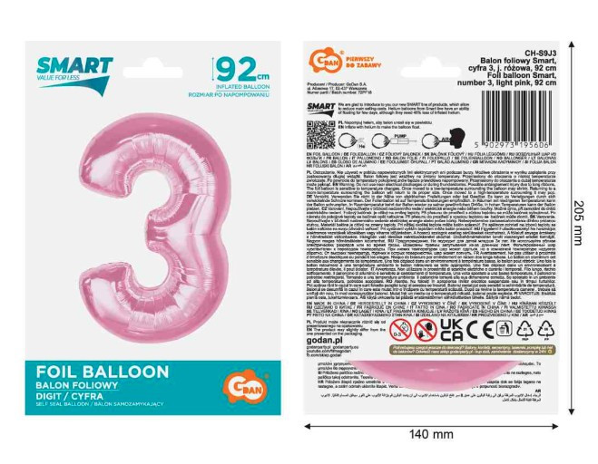 Balon foliowy B&C cyfra "3" j. różowa 92cm CH-S9J3 GoDan